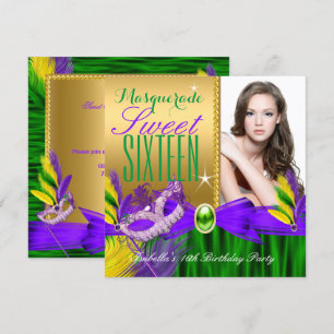 Invitation Masque de Sweet 16 Violet Vert Or Plume Mascarade