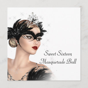 Invitation Masque de Tiara Noir Blanc Sweet 16 Bal Masqué