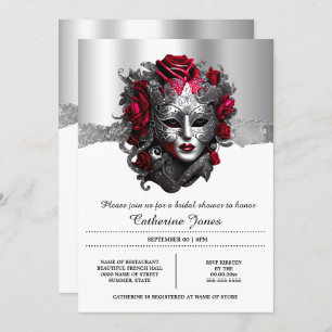 Invitation Masque de visage vénétie mascarade argent rouge ch