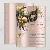 Invitation Masque Diamants Champagne Rose Gold Sweet 16 (Devant / Derrière)