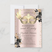 Invitation Masque Diamants Rose noir Rose Or Sweet 16 (Devant)