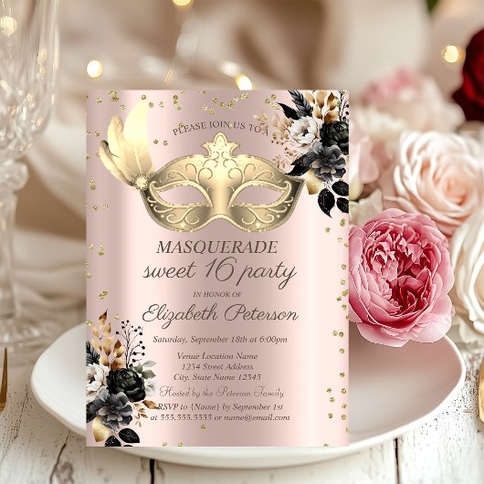 Invitation Masque Diamants Rose noir Rose Or Sweet 16