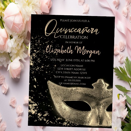 Invitation Masque Doré,Confettis Quinceañera