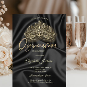 Invitation Masque doré en satin noir pour Quinceanera