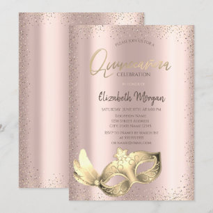 Invitation Masque Élégant, Confettis Rose Gold Quinceañera