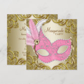 Invitation Masque élégant en or rose pour soirée masquée (Devant / Derrière)