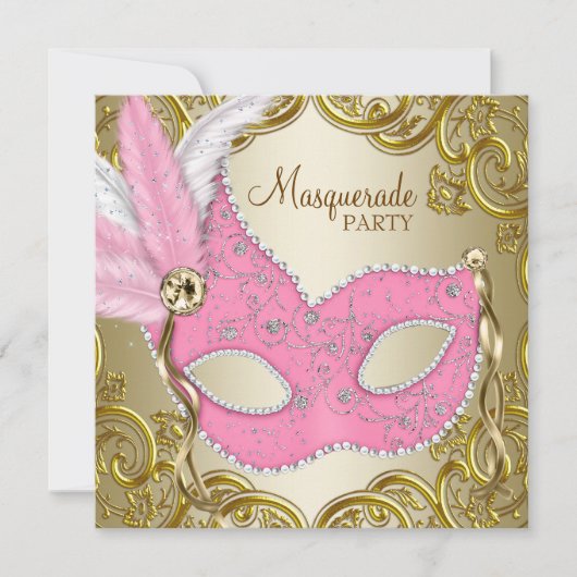 Invitation Masque élégant en or rose pour soirée masquée (Devant)