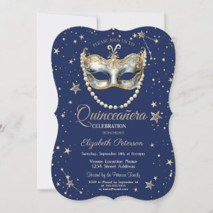 Invitation Masque élégant étoiles bleu marine Quinceanera