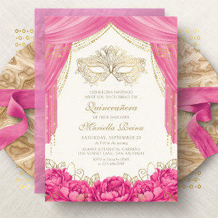 Invitation Masque élégant rose chaud pour Quinceanera de masq