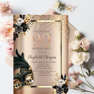 Invitation Masque Élégant Roses Noires Confettis 90ème