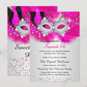 Invitation Masque en dentelle rose chaud argent pour Sweet 16