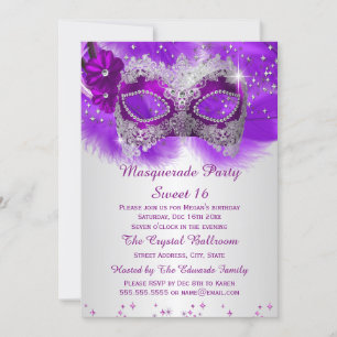Invitation Masque en dentelle violet argent pour Sweet 16 Mas