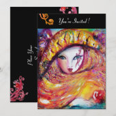 Invitation MASQUE EN JAUNE, FÊTE DE MARDI GRAS noir violet ro (Devant / Derrière)