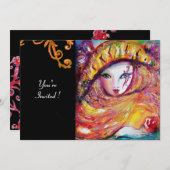 Invitation MASQUE EN JAUNE, FÊTE DE MARDI GRAS noir violet ro (Devant / Derrière)