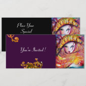 Invitation MASQUE EN JAUNE, FÊTE DE MARDI GRAS noir violet ro (Devant / Derrière)