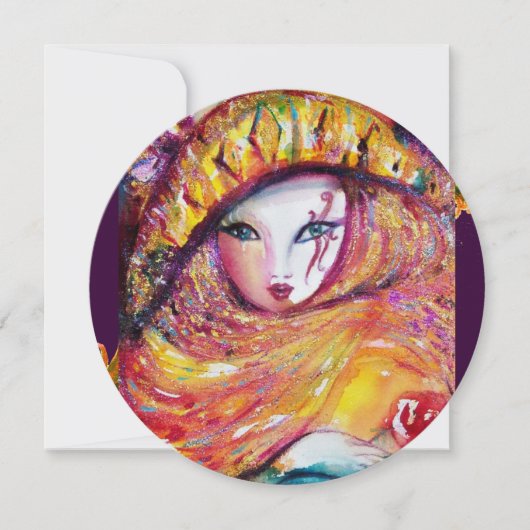 Invitation MASQUE EN JAUNE, FÊTE DE MARDI GRAS rouge, violet, (Devant)