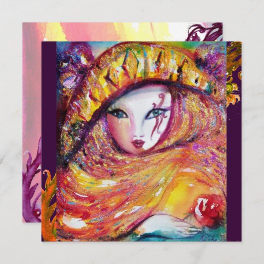 Invitation MASQUE EN JAUNE, FÊTE DE MARDI GRAS violet rouge p (Devant / Derrière)