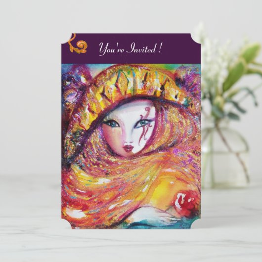 Invitation MASQUE EN JAUNE, FÊTE DE MARDI GRAS violet rouge v (Debout devant)