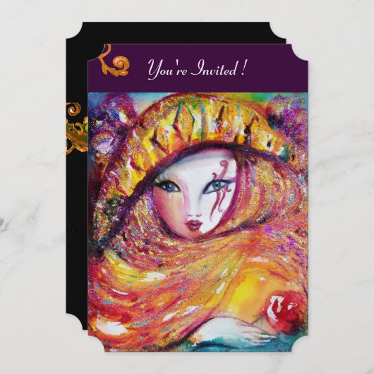 Invitation MASQUE EN JAUNE, FÊTE DE MARDI GRAS violet rouge v (Devant / Derrière)