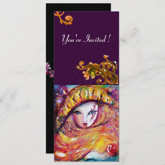 Invitation MASQUE EN JAUNE, MARDI GRAS PARTY violet violet ro (Devant / Derrière)