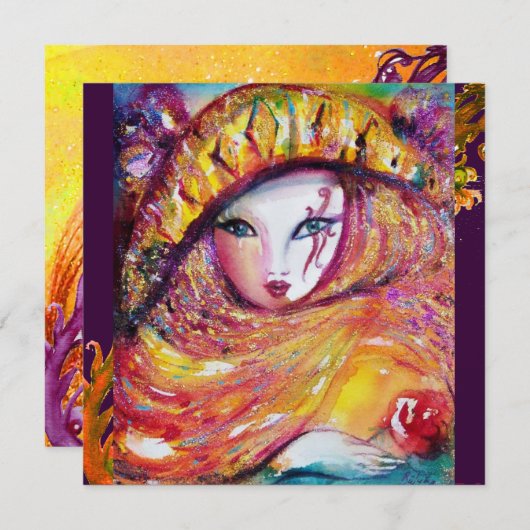 Invitation MASQUE EN JAUNE violet rouge violet brillant argen (Devant / Derrière)