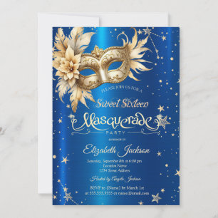 Invitation Masque Floral Doré Etoiles Royal Bleu Sweet 16
