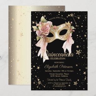 Invitation Masque Floral Élégant en Noir et Or pour Quinceañe