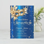 Invitation Masque Floral Or Etoiles Royal Blue Sweet 16 (Debout devant)