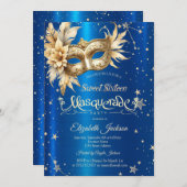 Invitation Masque Floral Or Etoiles Royal Blue Sweet 16 (Devant / Derrière)