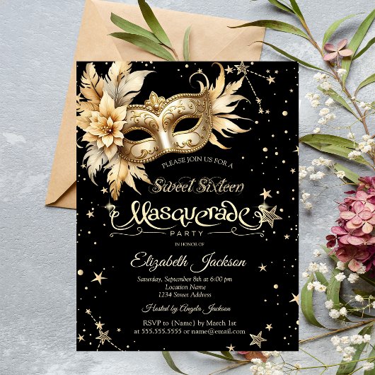 Invitation Masque Floral Or Étoiles Sweet 16