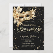 Invitation Masque Floral Or Étoiles Sweet 16 (Devant)