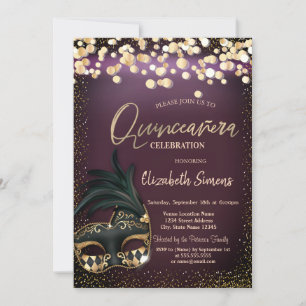 Invitation Masque Gold Confetti Bourgogne Quinceañera