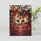 Invitation Masque Gold Confetti Rouge Quinceañera (Debout devant)