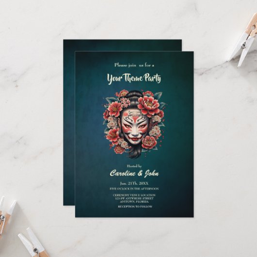 Invitation Masque japonais orné de fleurs. (Devant/Arrière en situation)