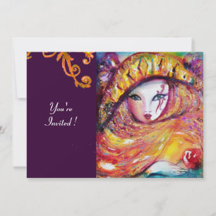 Invitation MASQUE JAUNE, FÊTE DU MARDI GRAS violet rouge pour