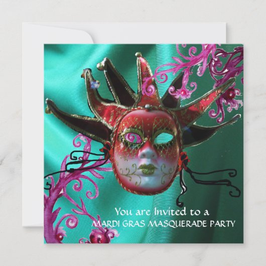 Invitation MASQUE JESTER DE FUCHSIA ROUGE NOIR, Fête Masquera (Devant)