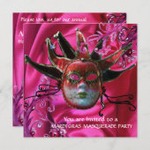 Invitation MASQUE JESTER DE FUCHSIA ROUGE NOIR, Fête Masquera (Devant / Derrière)
