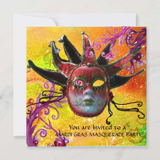 Invitation MASQUE JESTER NOIR ET ROUGE, Fête Masquerade (Devant)