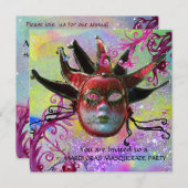 Invitation MASQUE JESTER NOIR ET ROUGE, Fête Masquerade (Devant / Derrière)