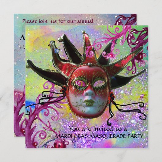 Invitation MASQUE JESTER NOIR ET ROUGE, Fête Masquerade (Devant / Derrière)