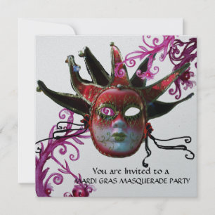 Invitation MASQUE JESTER NOIR ET ROUGE, Fête Masquerade Argen