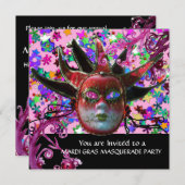 Invitation MASQUE JESTER ROUGE NOIR, Fête Mascarade (Devant / Derrière)