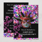 Invitation MASQUE JESTER ROUGE NOIR, Fête Mascarade, Noir (Devant / Derrière)