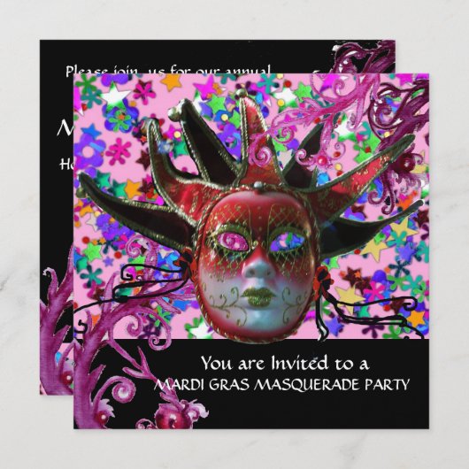 Invitation MASQUE JESTER ROUGE NOIR, JESTER Masquerade (Devant / Derrière)