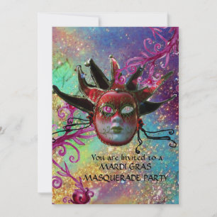 Invitation MASQUE JESTER ROUGE NOIR Masquerade Party Blue Gol