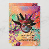 Invitation MASQUE JESTER ROUGE NOIR, Masquerade Party Red Gol (Devant / Derrière)