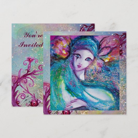 Invitation MASQUE LADY BLUE Élégant Bal Masqué Mariage (Devant / Derrière)