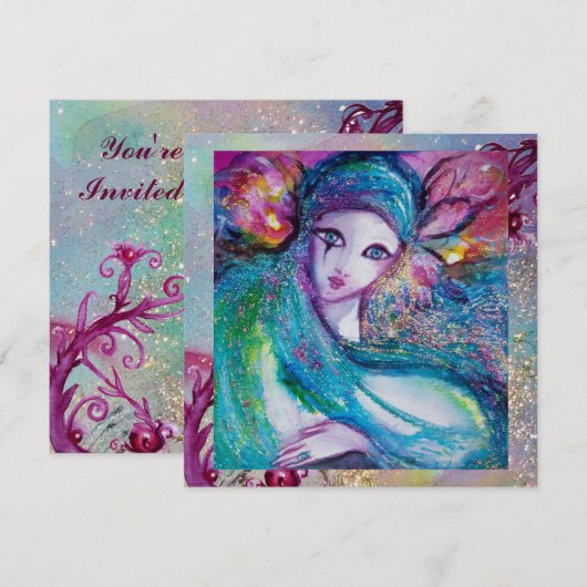 Invitation MASQUE LADY BLUE Élégant Mariage de Mascarade (Devant / Derrière)