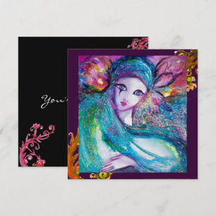 Invitation MASQUE LADY BLUE Tourbillons rouges jaunes Fête dé