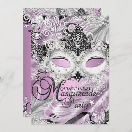 Invitation Masque Mascarade en argent Lilac Sparkas Quinceane (Devant / Derrière)